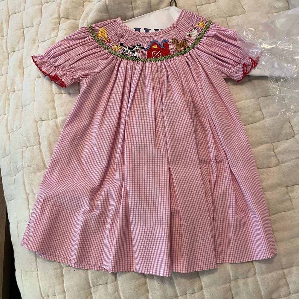 Petit Ami Pink Gingham Smocked Farm Dress